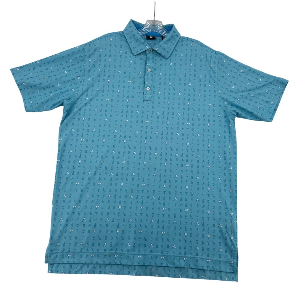 FJ Men Large Golf Polo Shirt Light Blue Cocktail Pattern Performance Lightweight